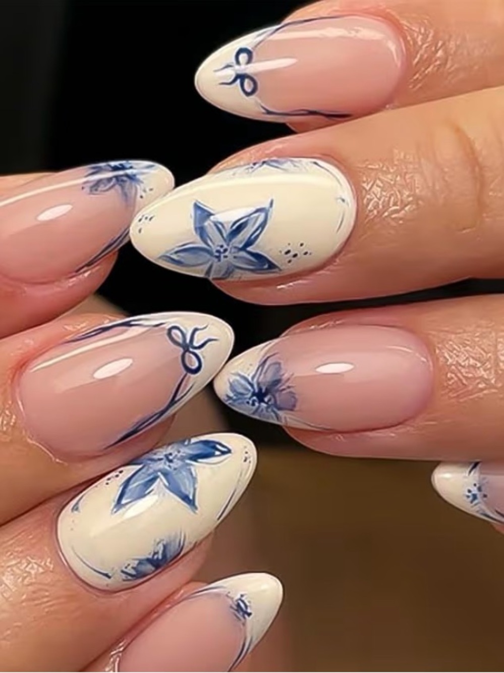 Blue Starfish Bow French Tips Press On Nails Medium Almond, Flower Stick On Nail